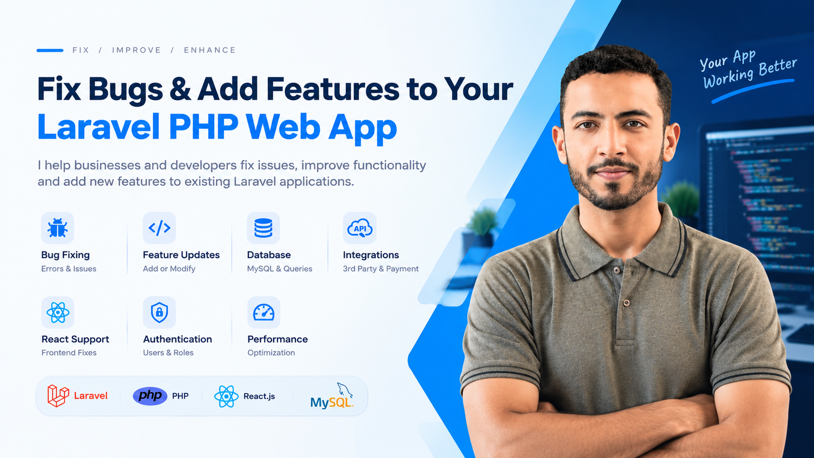 I will fix bugs and add features to your PHP Laravel and react web application